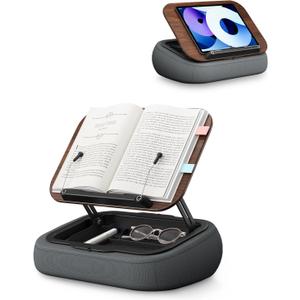 Lap Beanbag Book Stand with Storage, Adjustable Reading Pillow for Bed & Desk, Multi-Angle Book Stand Pillow Holder, Hands-Free Lap Reading Stand for Book,iPad, Tablet, Book Lover Essential (Dark Wood)