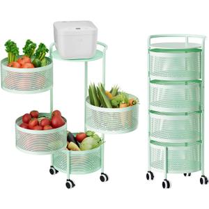 JAQ Kitchen Storage Rack No Assembly, 4-Tier Metal Storage Tower Basket Shelves Organizer on Rolling Wheels with Removal Drawers for Fruit Vegetable Grocery Corns Potato Onion (4-Tier, Green), 13.38 X 13.38 X 29.13 Inches