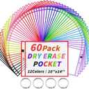 60 Packs Dry-Erase Pockets Bulk Oversized Reusable Dry Erase Pocket Sleeves with 4 Rings, 12 Assorted Colors 10x14 Ticket Holders, Clear Plastic Sheet Protectors, Teacher School Classroom Supplies