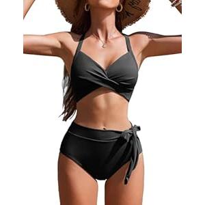 AI'MAGE Womens High Waisted Bikini Sets Tummy Control Swimsuits Two Piece Swim Suits 2025 Crisscross Tie Back Bathing Suits (XX-Large, Black)