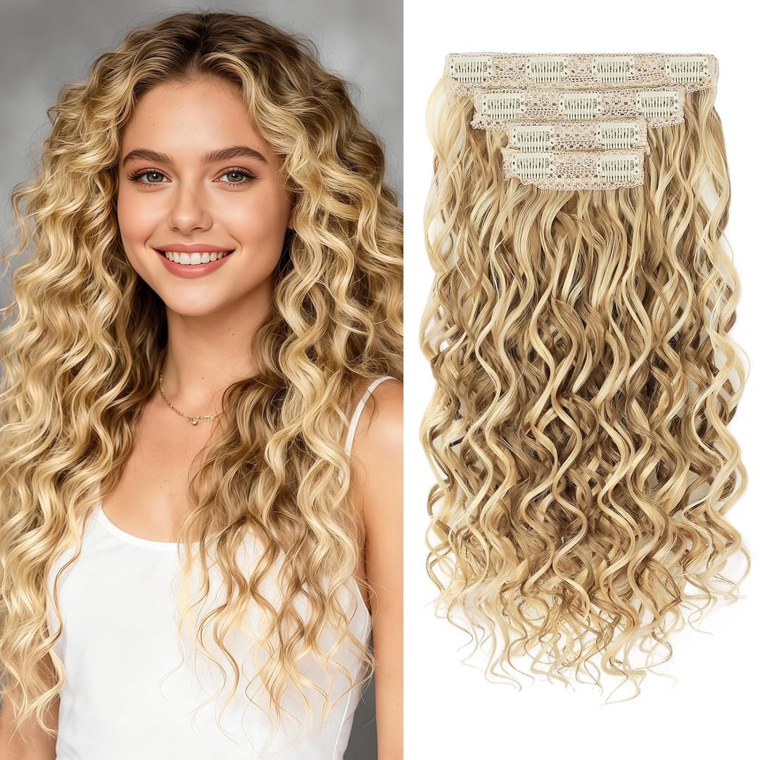 Curly Clip In Hair Extensions, 4PCS 20 Inch Dark Blonde with Highlights Extensions Clip Ins, Lace Weft Short Curly Invisible Natural Hairpieces for Women