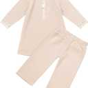 IDOPIP Muslim Baby Boys Outfits Embroidered Ramadan Eid Thobe Robe with Pants Long Sleeve Arabic Islamic Kaftan Abaya Clothes (3-6 Months, Apricot)