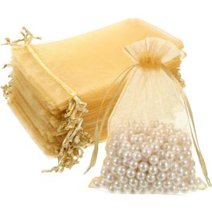 QfwdfcTrenz 50 Pcs Gold Organza Bags 4x6 Inch Breathable Tulle Jewelry Bags Small Mesh Gift Bag Drawstring Party Favor Bag for Christmas Wedding Jewelry Candy