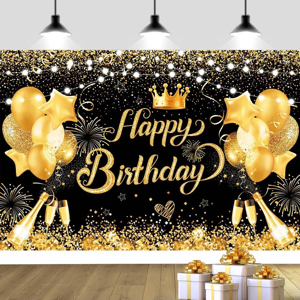 YinQin 180x120 cm Glitter Black Golden Happy Birthday Backdrops Photography Backgrounds Cloth 71x47 inch Bday Party Decorations Black Gold Happy Birthday Sign Banners for Men Women