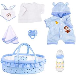 Aori 7 Pcs Reborn Baby Dolls Outfit Set with Bassinet Accessories for 16-18 Inch Newborn Doll, Blue Carrier Bed and Baby Clothes fit Newborn Doll
