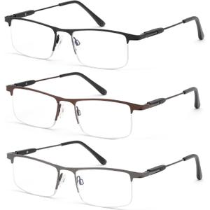 3 Pack Blue Light Reading Glasses for Men & Women, Semi-Rimless Lightweight Metal Readers, Spring Hinge Eyeglasses