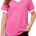 Poroka Girls Short Sleeve Shirt V-Neck Tee with Ribbed Trim Plain T-Shirts Soft Fashion Summer Tops for Girls,Size: 7-8 Years