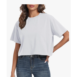 FIORENCE Women's Oversized Workout Cropped T Shirts Crew Neck Short Sleeve Casual Loose Summer Crop Tee Tops Cotton M