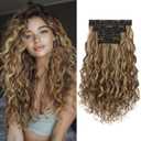 LEEONS Curly Clip in Hair Extensions, 4PCS 16 inch Curly/Wavy Hair Extensions Clip ins - Lace Weft Soft Natural Hairpieces for Women (Brown Beige with Golden Brown Highlights)