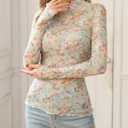 Ugerlov Womens Lace Long Sleeve Mesh Top Floral Mock Neck See Through Going Out Top with Thumb Hole Party Outfits Shirts (S)