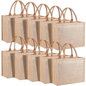 butarfe 10 Pack Reusable Jute Tote Bags with Handles, 15.1X11.8X5.5 Inch Large Natural Blank Burlap Tote for Grocery Shopping, Weddings, Travel, Bachelorette Parties & DIY Embroidery Crafts