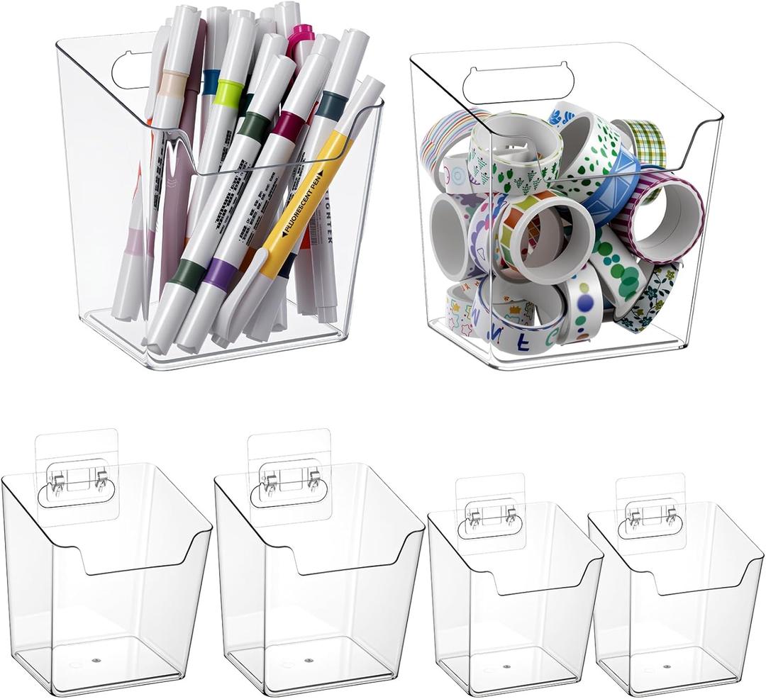 6 Pcs Clear Adhesive Wall Storage Bins, Small Cabinet Door Organizer Holders, Hanging Wall Mount Pockets, Plastic Cups for Shower Bathroom Makeup Office Craft Remote Kitchen Sink RV Organization