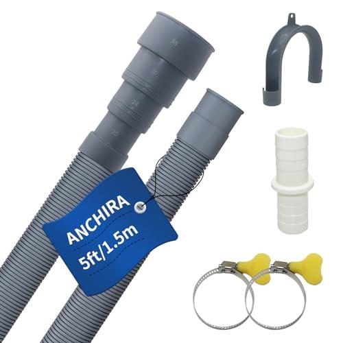 Anchira 5 FT Washing Machine Drain Hose, Flexible Dishwasher Drain Hose Extension Kit, Universal Washer Drain Hose, Corrugated Washer Hose with 1 Adapter, 2 Hose Clamps, 1 U-Bend Hose Holder, Gray
