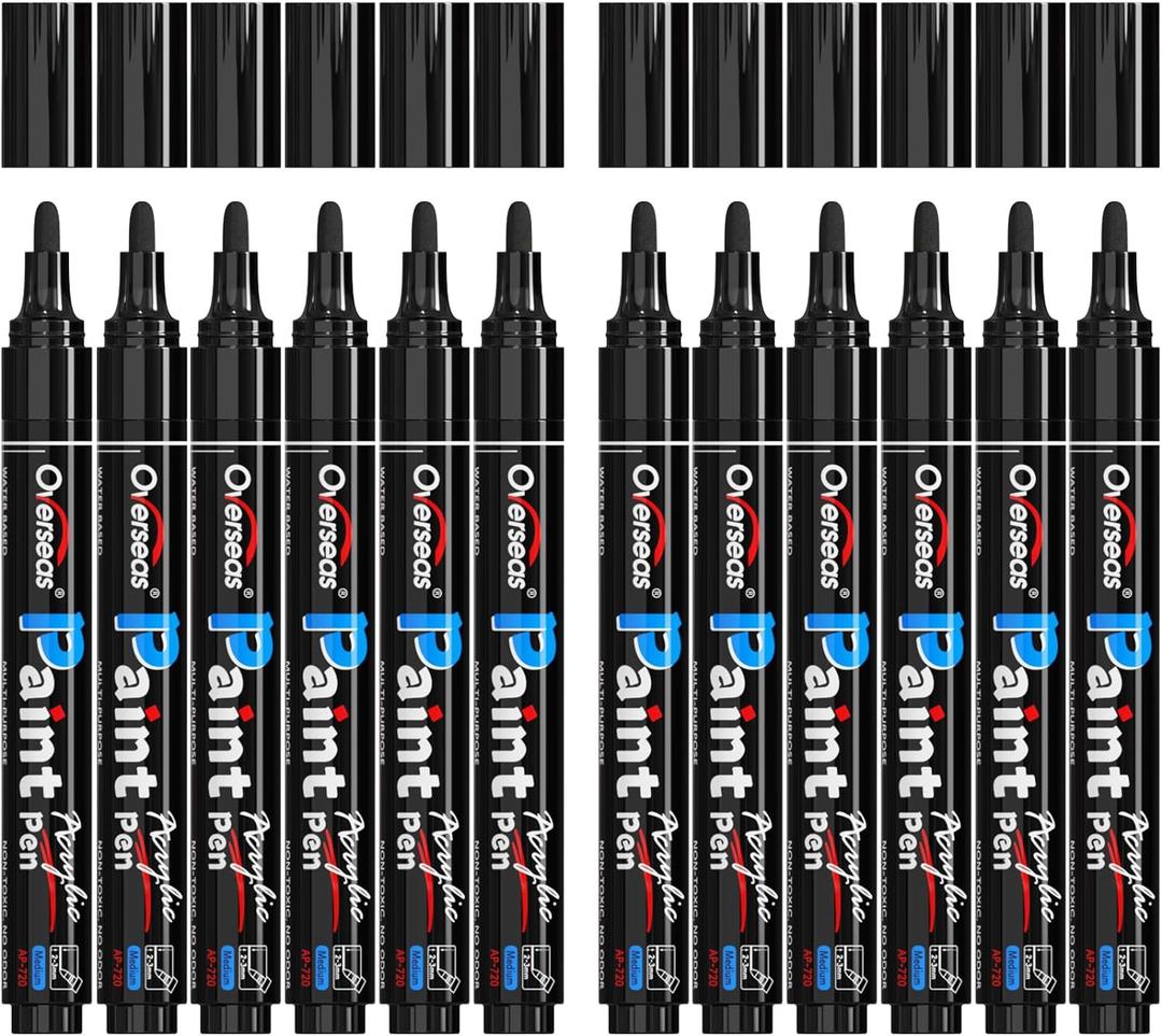 Overseas Black Paint Pens Paint Markers - Permanent Acrylic Markers 12 Pack, Water-Based, Quick Dry, Waterproof Marker Pen for Rock, Wood, Plastic, Metal, Canvas, Glass, Fabric, Mugs. Medium Tip