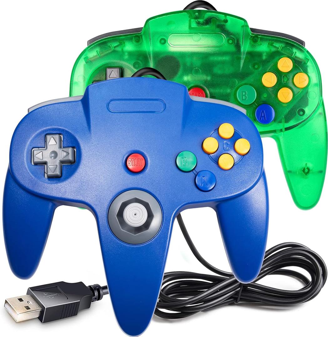 2 Pack Classic N64 Controller, suily N64 Wired USB PC Game pad Joystick, N64 Bit USB Wired Game Stick Joy pad Controller for Windows PC MAC Linux Raspberry Pi 3 Sega Genesis (Clear Green/Blue)