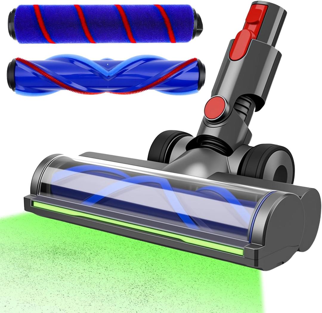 2 Brushes Replacement Head Compatible with Dyson V7/V8/V10/V11/V15 Cordless Vacuum, Soft Roller & V-Shape Brush Motorhead with Green LED Light, Anti-Tangle Cleaner Head for Hardwood Floor & Carpet
