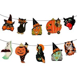 3 x Retro Halloween Banner, Vintage Halloween Bunting, Ghost Witch Owl Black Cat Party Sign, Halloween Holiday Home Garland Decorations Supplies