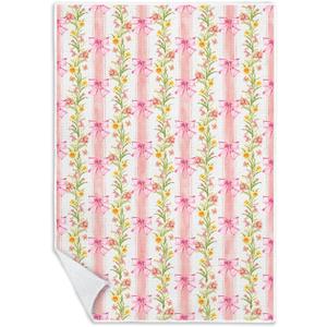 Coquette Pink Bow Floral Kitchen Towels, Rustic Flower Botanical Dish Tea Towels for Kitchen Decor, Girly Pink Striped Floral Hand Towel for Bathroom Decor, 16x24 Inch (Color-01)