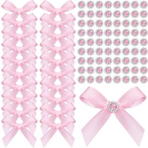 Norme 100 Pcs Pink Gift Wrap Bows with Flower Crystal Rhinestones Satin Ribbon Twist Tie Bows for Wedding Valentine's Day Birthday Party Gift Wrapping Crafts Baby Shower Decor