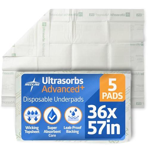 Medline Ultrasorbs Advanced+ Premium Underpads with Polymer for Superior Leak Protection, High Weight Capacity of 400 lbs, Large Size 40x57 Inches - Pack of 5