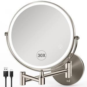 30X/1X Lighted Makeup Mirror with Magnification, 8.5inch 3000mAh Rechargeable Magnifying Mirror with Light, 3 Color Lights,Touch Dimmable,Extended Arm 360 Rotation Wall Mounted Makeup Mirror