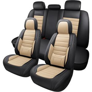 MINGBRON Car Seat Covers Full Set, Brown Car Seat Cover Lumbar Support, Car Seat Protector Waterproof, Nappa Leather Car Seat Cushion, Front Seats and Back Fit for Most Cars Beige