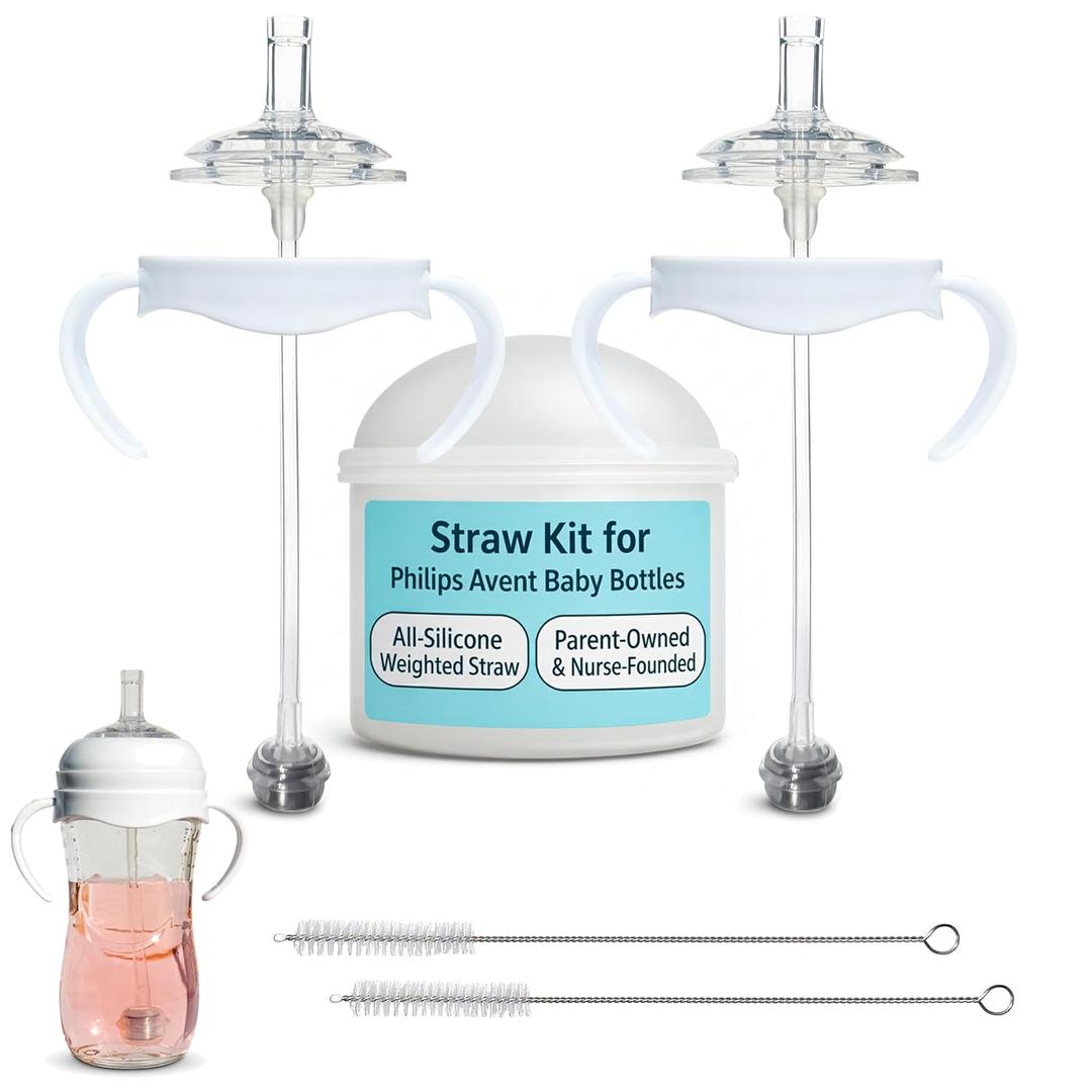 Straw Cup Conversion Kit for Philips Avent Natural Baby Bottles 2-Count, Food Grade Silicone Straw Nipples and Weighted Straw, Bottle Handles, Cleaning Brush, BPA-Free, Sippy Transition, 6+ Months