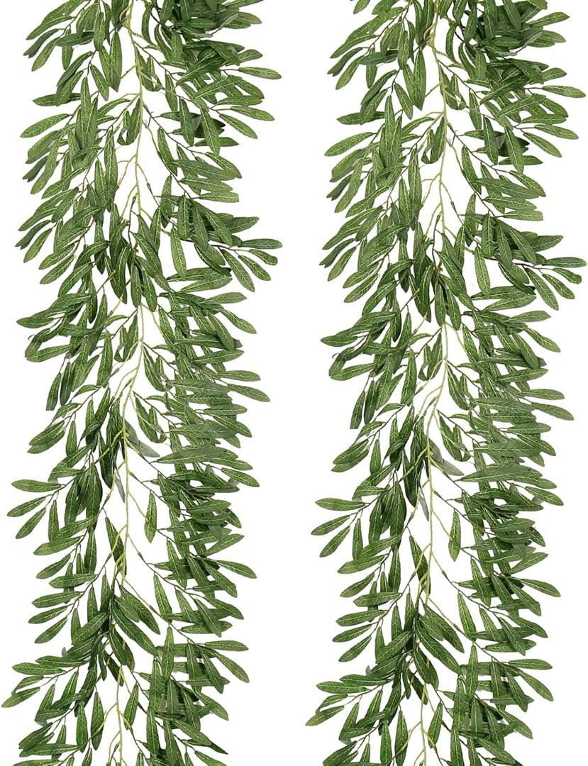 RECUTMS 2Pcs Artificial Olive Leaves Garlands 6.2Ft-Fake Hanging Silk Willow Leave Ivy Vines Faux Bayberry Leaf Twigs Greenery Rattan for Indoor Outdoor Wedding Birthday Party Home Garden Table Decor, 6.2FT/190CM