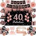 40th Birthday Decorations for Women,52Pcs PRE-STRUNG Rose Gold Black Party Set-40 Years Old Crown and Sash,Banner,Hanging Swirl,Backdrop Decor,CakeTopper,Age Candle, Balloons, Paper Fans,PRE-ASSEMBLED