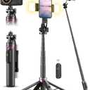53'' Selfie Stick Tripod with Light, Enhanced 4-Leg Cell Phone Stand Camera Tripod with Rechargeable Wireless Remote & 2 Fill Light, Portable Selfie Stick Travel Essentials for iPhone Android (Black)