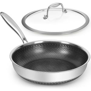10.5 inches Frying Pan Nonstick Skillet 2.5 Qt Deep Non Stick Stainless Steel Saut Pan with Lid, Dishwasher and Oven Safe, Compatible with All Cooktops