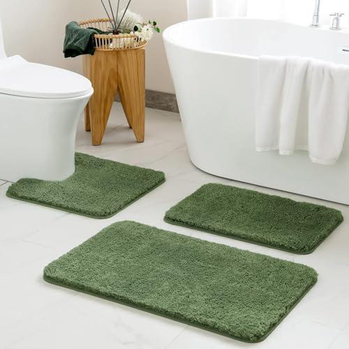 MIULEE Bathroom Rugs Sets 3 Piece Including U Shaped Toilet Rug - Soft Absorbent Bath Mats Set with Non Slip Rubber Backside, Machine Washable - Moss Green, 20"x30"+16"x24"+U 20"x20"