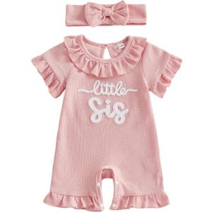 Sejardin Baby Girl Romper Letter Embroidery Newborn Infant Summer Clothes Short Sleeve Ruffle Crew Neck Jumpsuit Headband, Size 0-3 Months