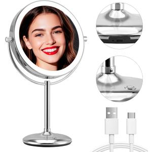 9" Makeup Mirror with Lights: 1X/15X Lighted Makeup Mirror with Magnification, True HD Magnifying Mirror with 3 Color Lights, 360Rotation Double Sided Desk Mirror, Base Charging & Touch Switch,Chrome