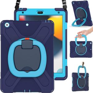 BRAECN for iPad Case 9th/8th/7th Generation,Rugged Kids Friendly Silicon Case with Folding Stand/Handle Grip Pencil Holder Shoulder Strap Screen Protector Pencil Cap Holder for iPad 10.2-Navy Blue