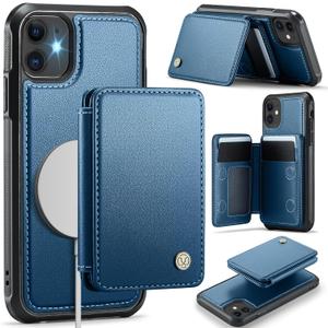 Compatible with Magsafe for iPhone 11 Wallet Case Magnetic Card Holder, RFID Blocking 2 in 1 Detachable Kickstand Shockproof Cover for Women Men, Blue