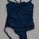 B2prity Women's Ruched Tankini Swimsuits V Neck Wrap Tie Back Two Pieces Bathing Suit Tummy Control Swimwear L