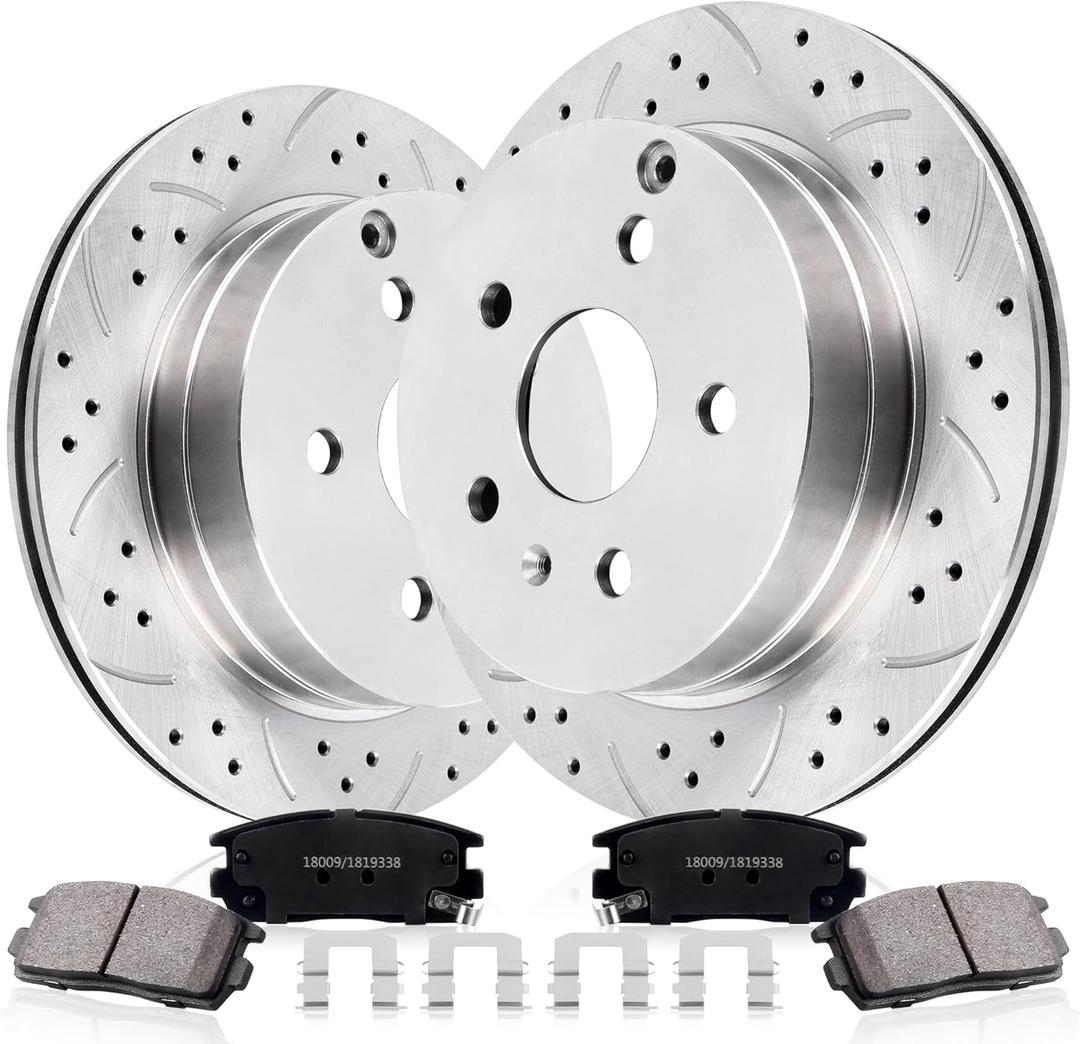 Rear Drilled and Slotted Brake Pads and Rotors Kit Ceramic Automotive Replacement Brake Kits Vented 11.93 Inch Compatible for Chevy Equinox Compatible for GMC Terrain 2010-2017 (10 Pcs)