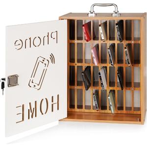 Cell Phone Holder Classroom 36 Slots Wooden Cell Phone Storage Cabinet Pocket Chart with Handle and Security Lock for Classroom Office (36 Grid Cabinet Cherry)