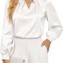 JASAMBAC Women's Satin Silk Blouses, Dressy Casual Long Sleeve Shirts, Elegant Business Work Tops Office Formal Fall Outfits (Medium, White)