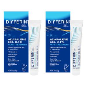 Differin Acne Treatment Gel, 60 Day Supply, Retinoid Treatment for Face with 0.1% Adapalene, Gentle Skin Care for Acne Prone Sensitive Skin, 15g Tube (Pack of 2)