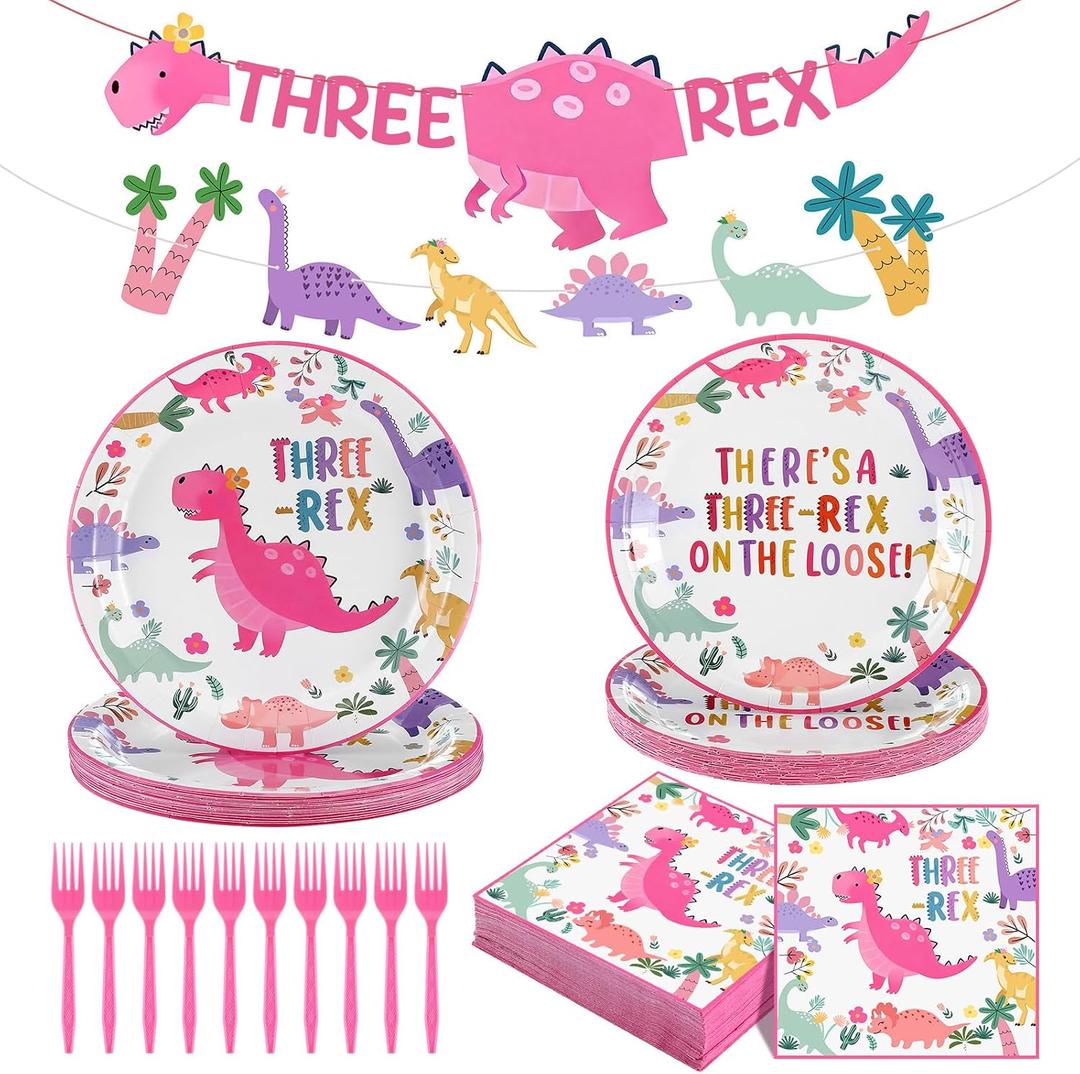 124 Pcs Three Rex Birthday Decorations Dinosaur 3rd Birthday Party Tableware Pastel Three Rex Party Supplies, Dino Disposable Paper Plate, Napkin, Banner, Serves 24(Girls Style)
