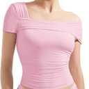 SUUKSESS Women One Off The Shoulder Summer Tank Tops Ruched Short Sleeve Shirts (Large, #1 Pink)