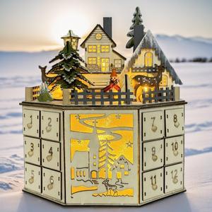 Irieiply Christmas Wooden Musical Advent Calendar with LED Decoration Cabin Reindeer and Christmas Tree, Empty Calendar with 24 Storage Drawers Countdown to Christmas Table Decor, Round Village (Light Yellow)