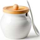 AISBUGUR Sugar Bowl with Lid and Spoon: 13oz Sugar Jar with Bamboo Lid,Ceramic Sugar Container for Coffee Bar - Countertop,Kitchen Decor, White