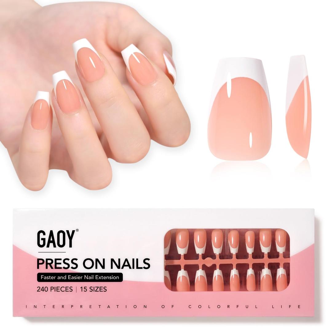 GAOY French Gel Nail Tips, 240Pcs Press on Nails Clear Nude Short Coffin, Pre-applied Primer and Base Coat Cover, 15 Sizes Pre-filed Fake Tips for Extension