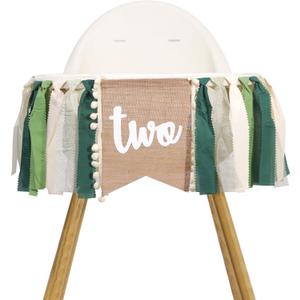 Two Wild Highchair Banner - Safari Jungle 2nd Birthday Party Decorations, Woodland 2nd Birthday Bunting, Green Brown Forest Highchair Banner, Nature Theme Party Decorations Supplies (Green)