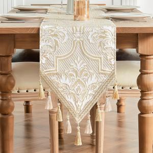 Loom and Mill Elegant Damask Table Runner 108 inches Long, Jacquard Floral Design Dining Table Runners with Tassels, Great for Christmas Table Setting Kitchen Dresser Party Decor(Beige Gold, 13x108in)