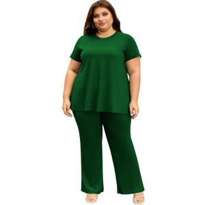 YeGine Women Plus Size 2 Piece Outfits Casual Short Sleeve Tunic Top and Flare Pants Oversized Lounge Sets Tracksuit (X-Large Plus, 7-dark Green)