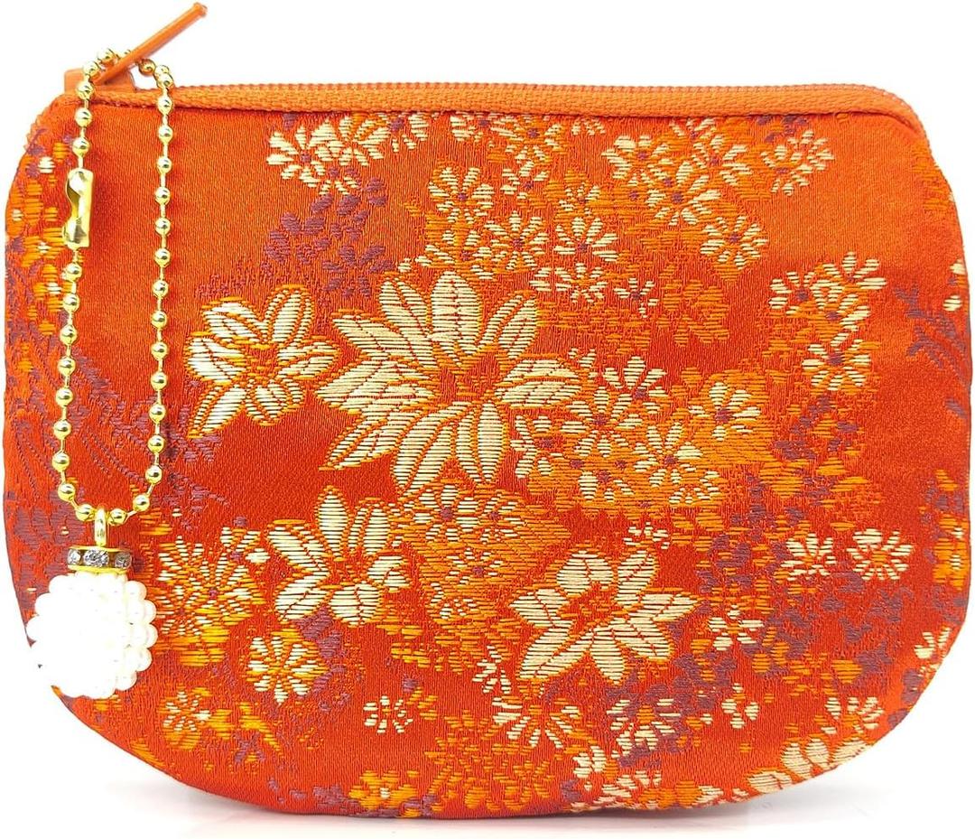 Handmade Jewelry Pouch Women Coin Purse Brocade Zipper Wallet Silk Makeup Bag - ORANGE